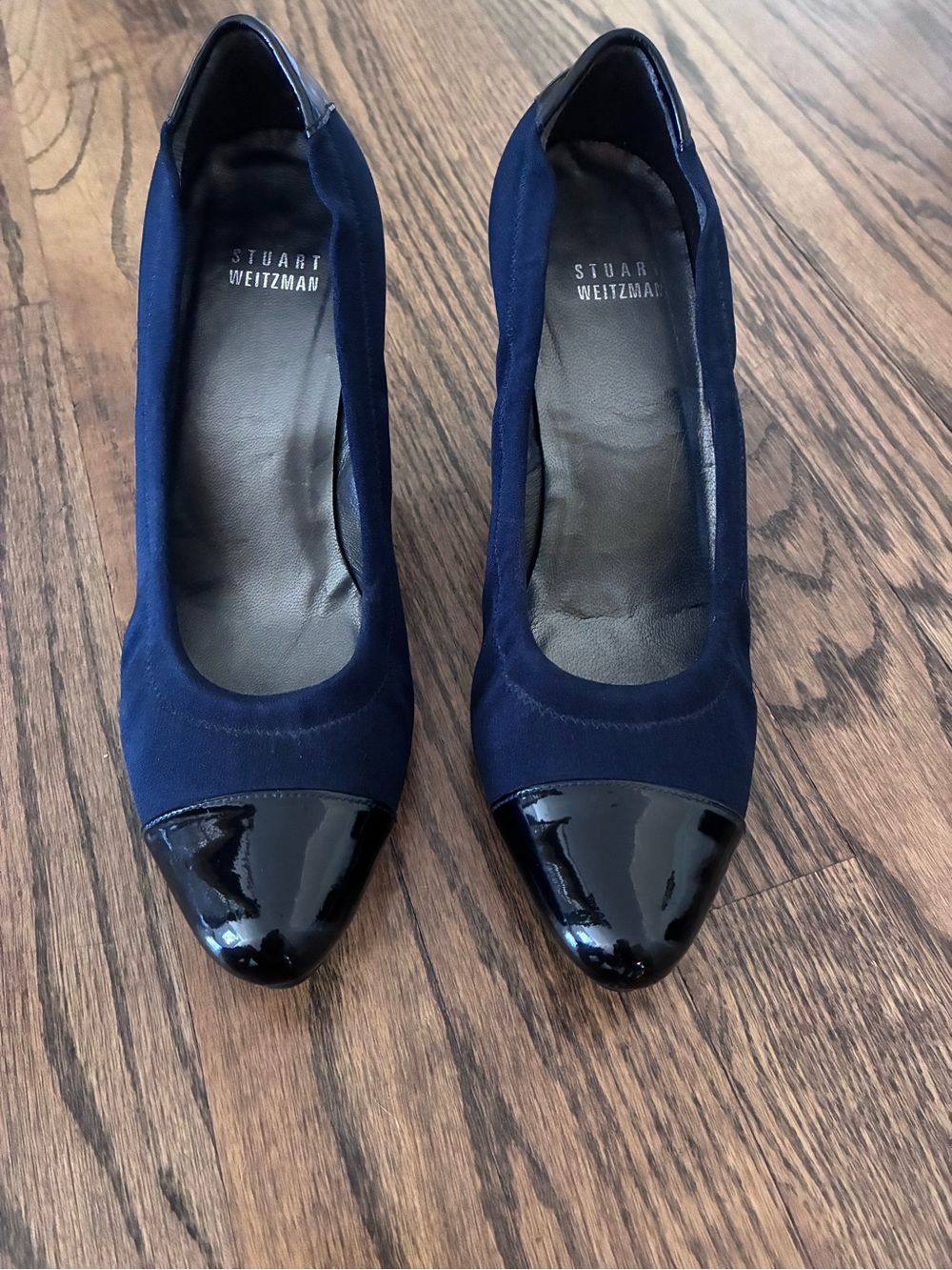 Stuart Weitzman Navy Pumps with Black Patent Cap Toe